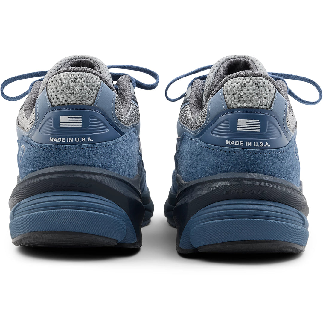 Rear view of New Balance Unisex 990v6 sneakers in Vintage Indigo/Eclipse/Slate Grey