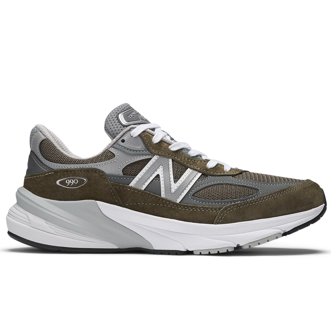 Side of New Balance Unisex 990v6 sneaker in Olive/Grey