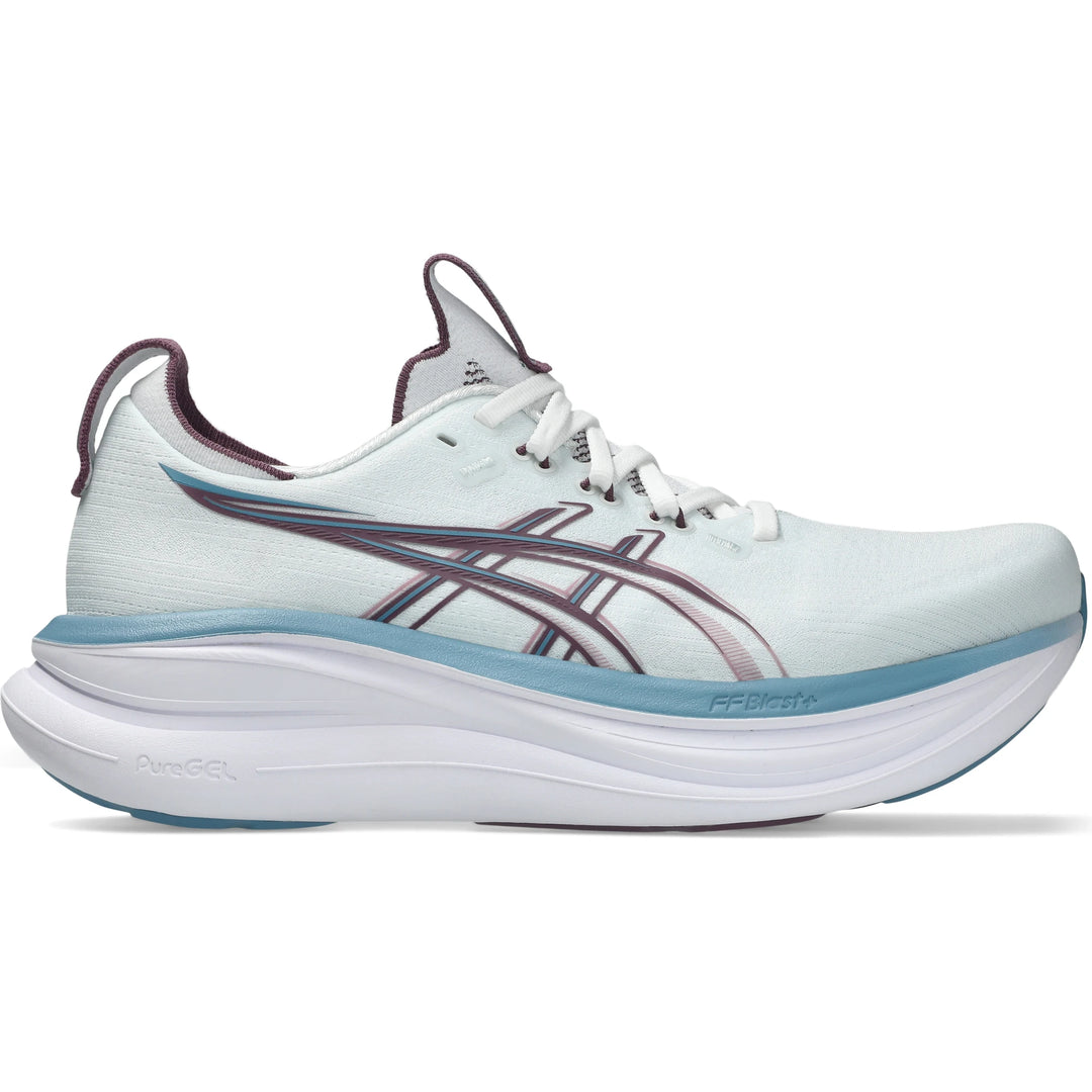 Side of ASICS Women's Gel-Nimbus 28 Running Shoe in Arctic Blue/Velvet Purple
