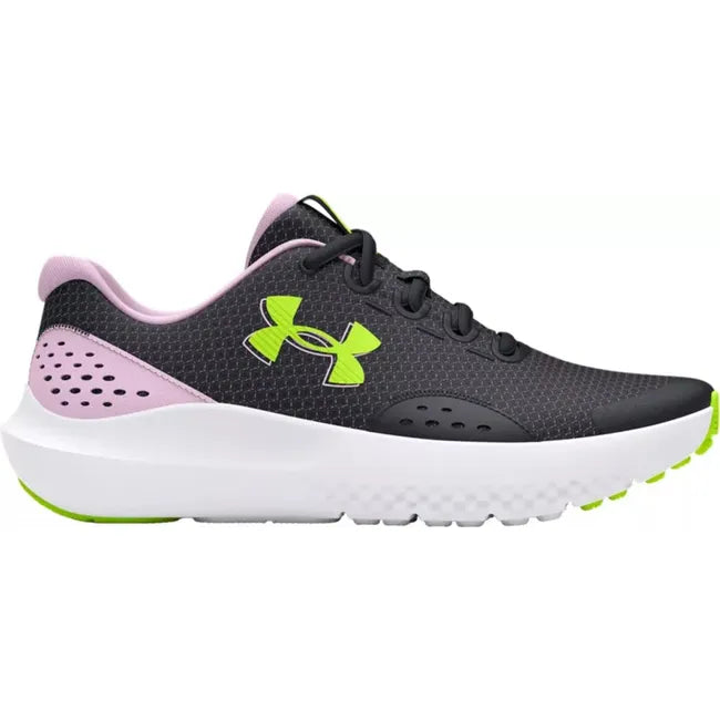 Lateral side of Kids Under Armour Surge 4 Running Shoes in black mesh. Purple and green accents.