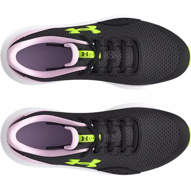 Top down view of Kids Under Armour Surge 4 Running Shoes in black mesh. Purple and green accents.