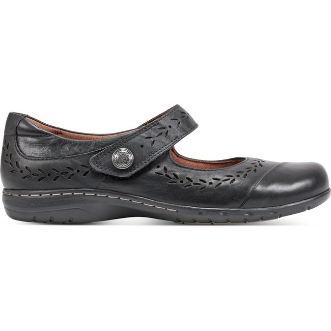 Lateral side of Womens Cobb Hill Perry Mary Jane Shoe in Black leather with floral cut out accents