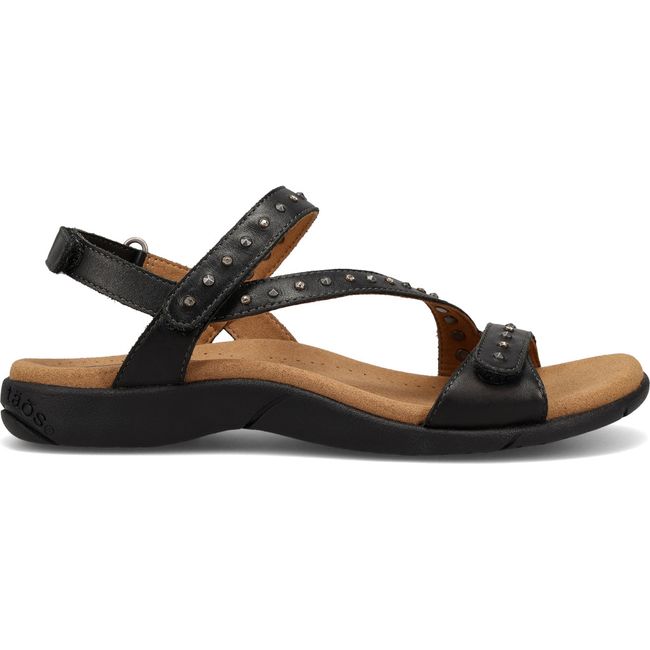 Lateral side of Women's Taos Dazzle Sandal in black leather