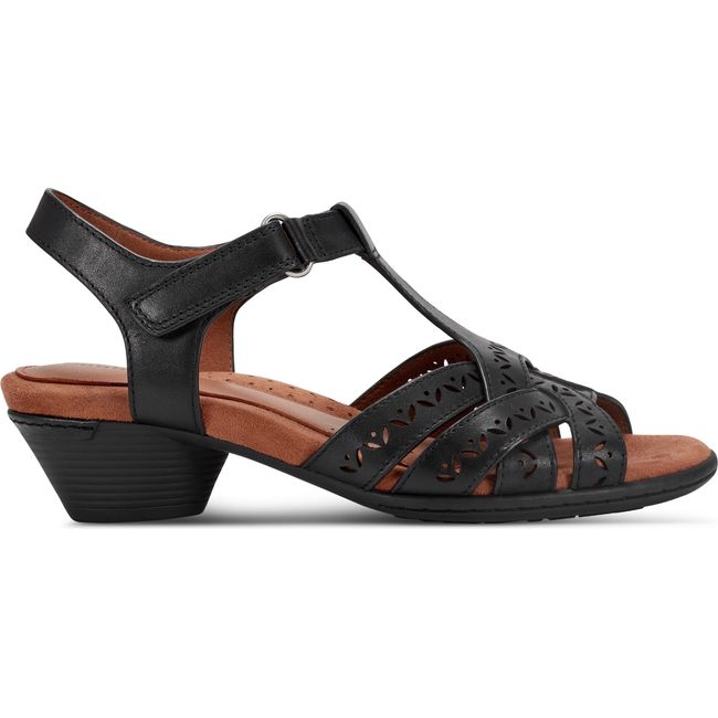 Lateral side of Women's Cobb Hill Lorna Heeled Sandal in Black leather with backstrap