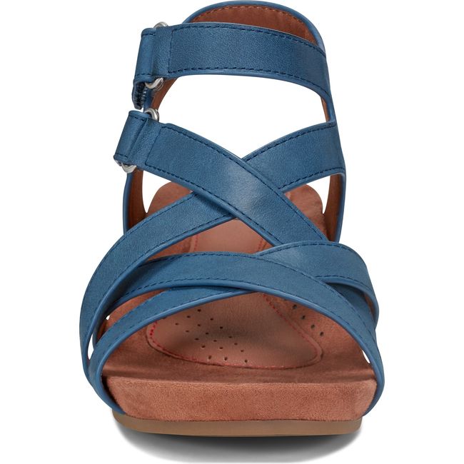 Front of Women's Cobb Hill Helin Wedge Sandal in Medium Blue leather with two velcro straps