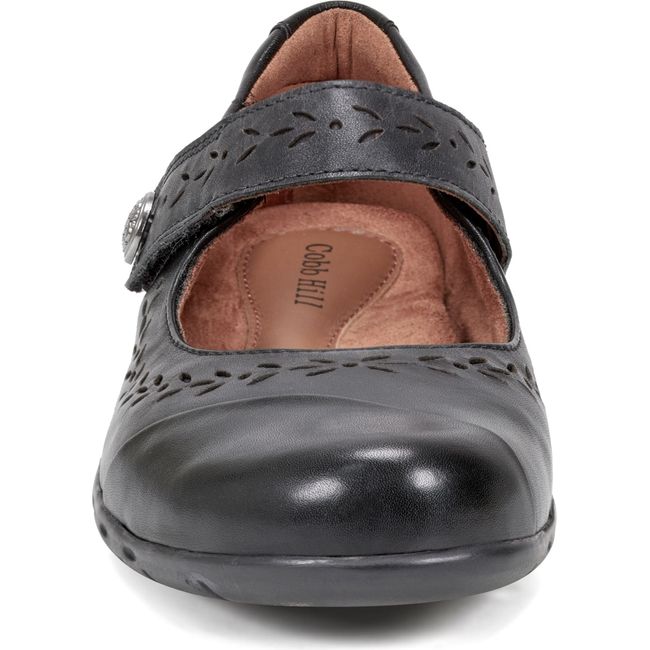 Front of Womens Cobb Hill Perry Mary Jane Shoe in Black leather with floral cut out accents