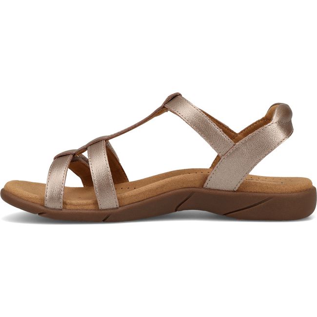 Medial side of Women's Taos Trophy 2 Sandal in Champagne bronze leather with velcro straps