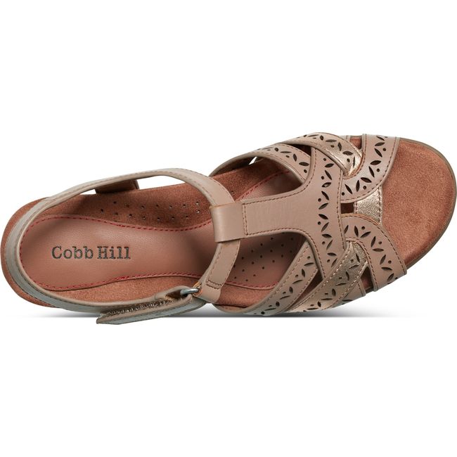 Top down view of Women's Cobb Hill Lorna Heeled Sandal in Taupe leather with backstrap