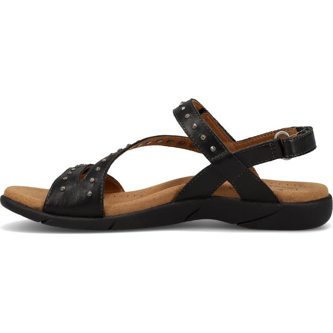 Medial side of Women's Taos Dazzle Sandal in black leather