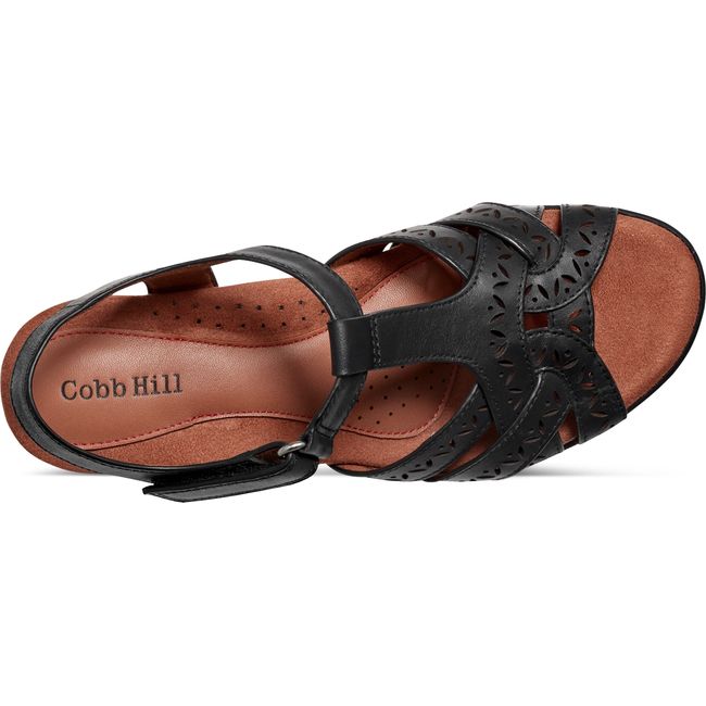 Top down view of Women's Cobb Hill Lorna Heeled Sandal in Black leather with backstrap