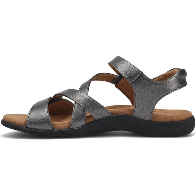 Medial side of Women's Taos Big Time Sandal in Pewter grey leather with velcro straps