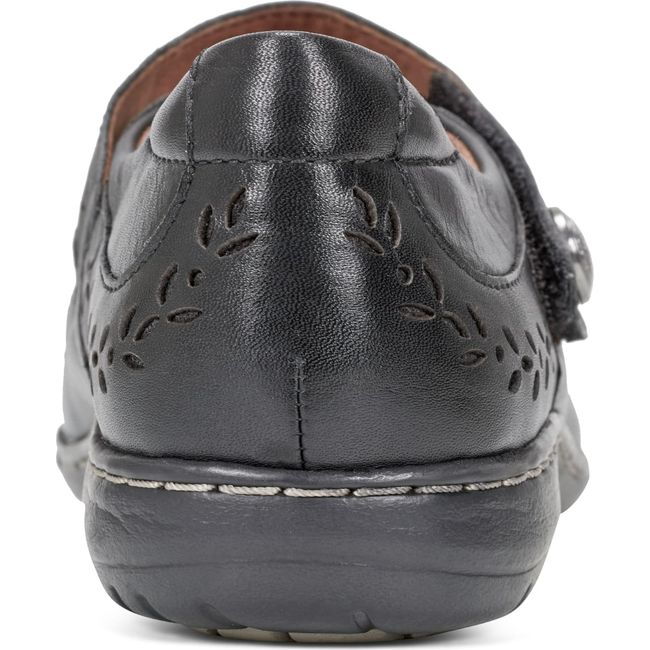 Heel of Womens Cobb Hill Perry Mary Jane Shoe in Black leather with floral cut out accents