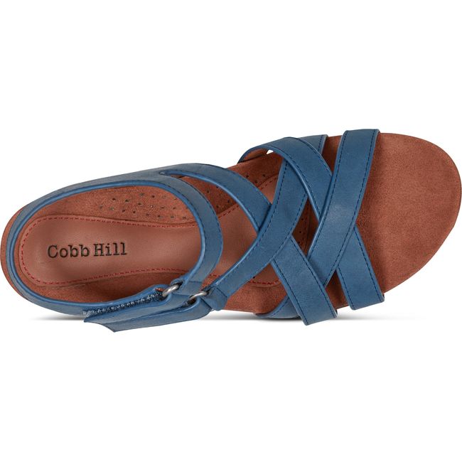 Top down view of Women's Cobb Hill Helin Wedge Sandal in Medium Blue leather with two velcro straps