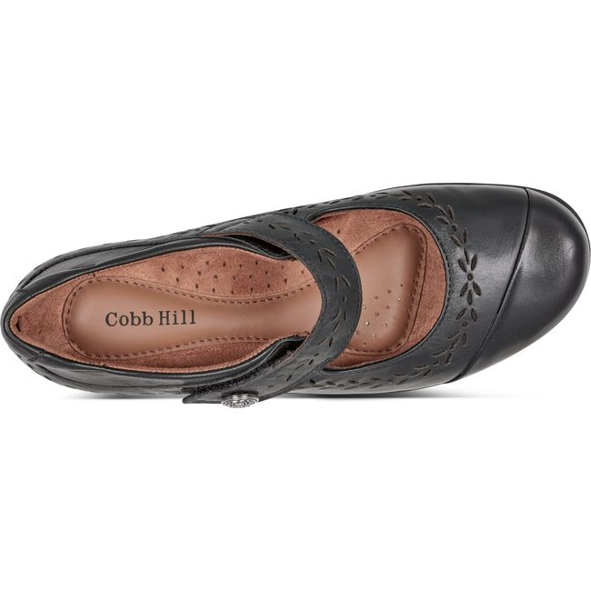 Top down view of Womens Cobb Hill Perry Mary Jane Shoe in Black leather with floral cut out accents