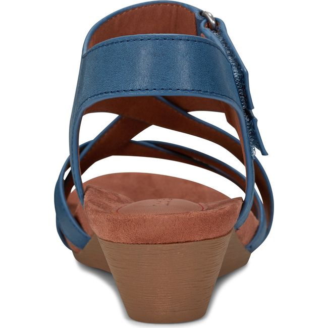 Heel of Women's Cobb Hill Helin Wedge Sandal in Medium Blue leather with a backstrap