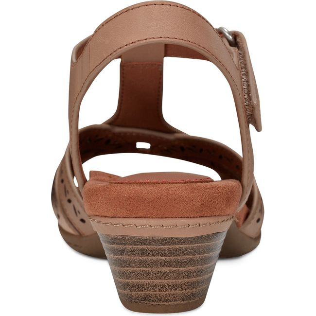 Heel of Women's Cobb Hill Lorna Heeled Sandal in Taupe leather with backstrap and velcro