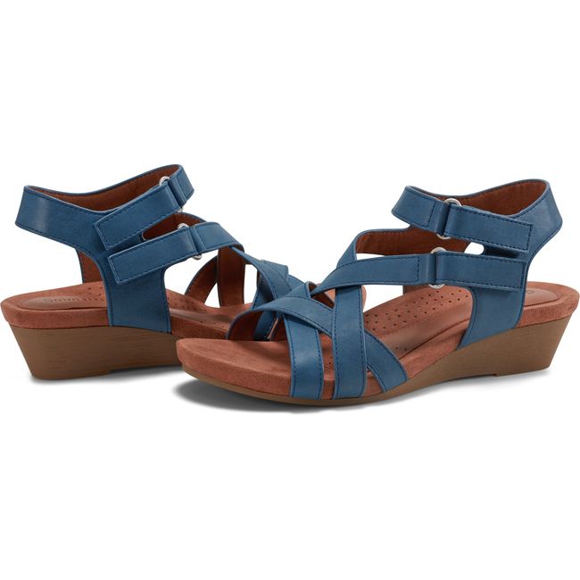 Pair of Women's Cobb Hill Helin Wedge Sandal in Medium Blue leather with two velcro straps