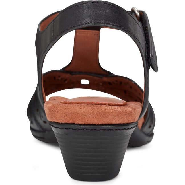 Heel of Women's Cobb Hill Lorna Heeled Sandal in Black leather with backstrap and velcro