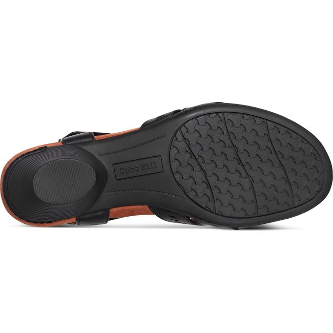 Sole of Women's Cobb Hill Lorna Heeled Sandal in Black leather upper and black outsole