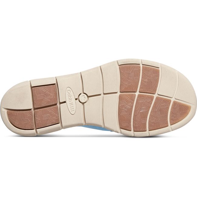 Sole of Women's Cobb Hill Lenoir Slip On Shoe in Light Blue upper with white and tan sole