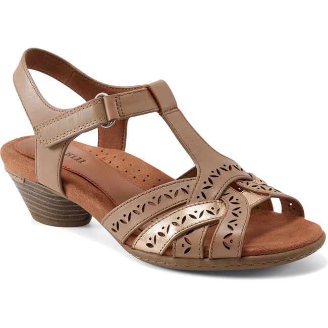 Front angled view of Women's Cobb Hill Lorna Heeled Sandal in Taupe leather with backstrap