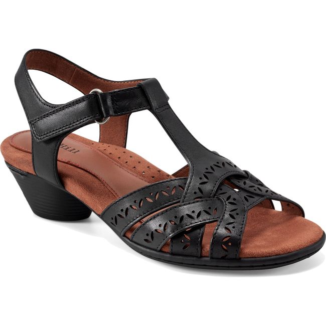 Front angled view of Women's Cobb Hill Lorna Heeled Sandal in Black leather with backstrap