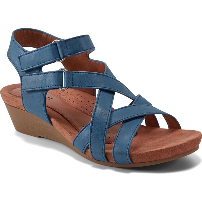 Front angled view of Women's Cobb Hill Helin Wedge Sandal in Medium Blue with two velcro straps