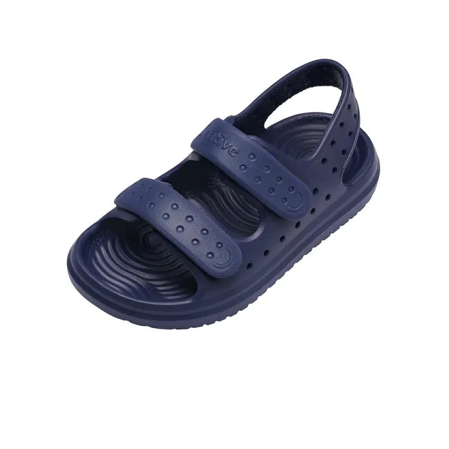 Top view of the navy blue Native Kids' Chase Sandal, an extra cushioned, water-friendly design made from a single piece of durable, injection-molded Sugarlite™ EVA. Features two adjustable straps and a non-adjustable backstrap.
