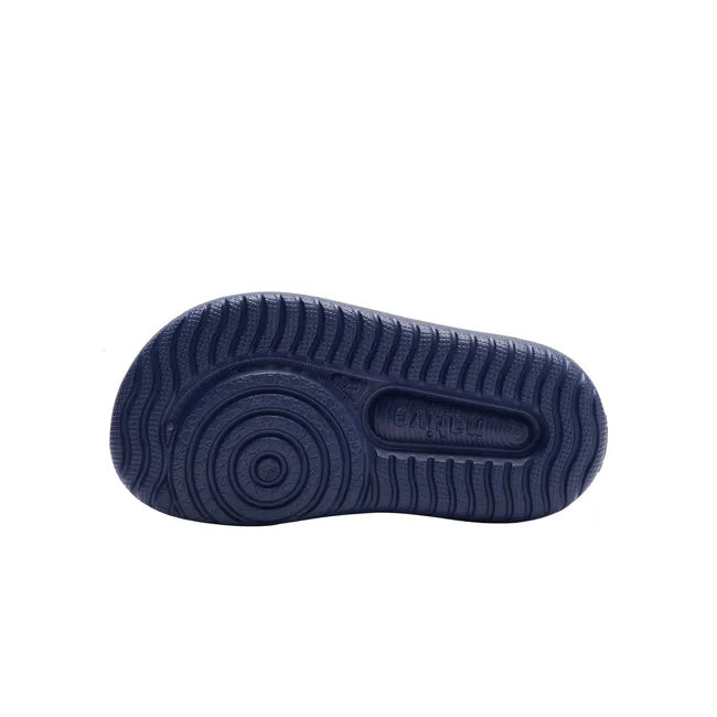 Sole view of the navy blue Native Kids' Chase Sandal, highlighting the grippy tread design for secure footing and made from durable, injection-molded Sugarlite™ EVA for water-friendly use.
