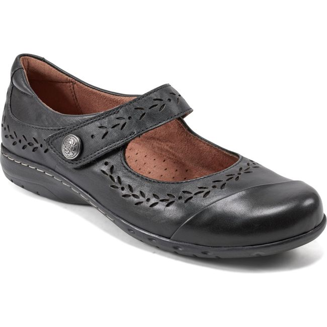 Front angled view Womens Cobb Hill Perry Mary Jane Shoe in Black leather with floral cut out accents