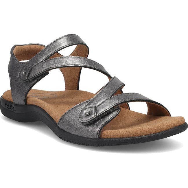 Front angled view of Women's Taos Big Time Sandal in Pewter grey leather with velcro straps