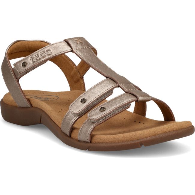 Front angled view of Women's Taos Trophy 2 Sandal in Champagne bronze leather with velcro straps