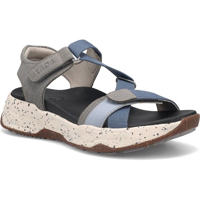 Front angled view of Women's Taos Super Z Sport Sandal in Blue Multi and Grey with velcro straps