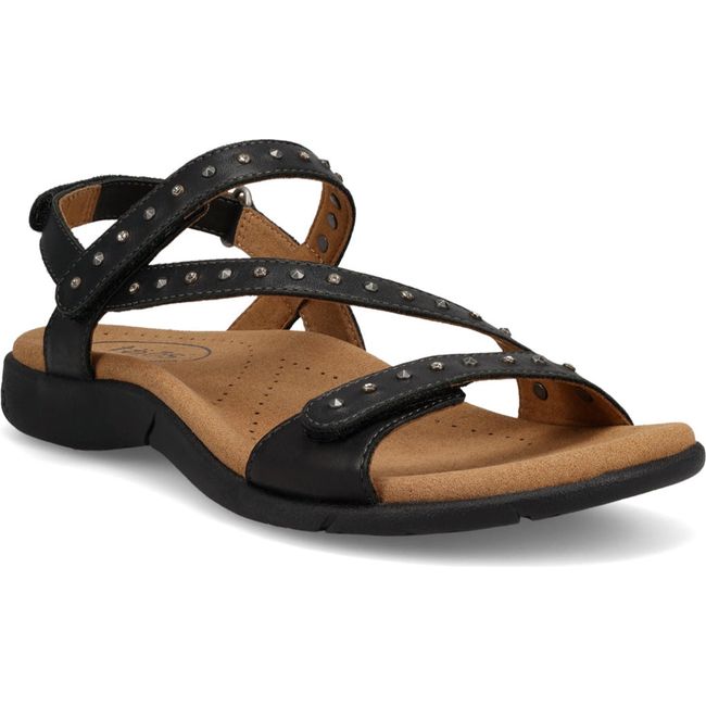 Front angled view of Women's Taos Dazzle Sandal in black leather