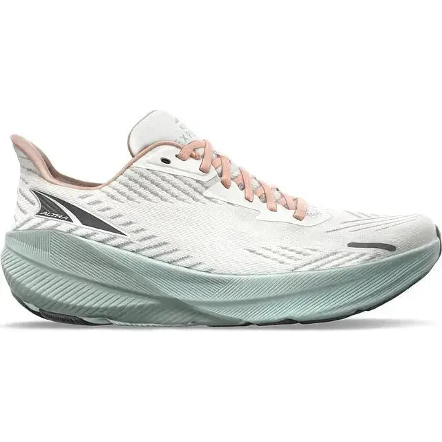 Lateral side of Altra Women’s AltraFWD Experience Running Shoe in White with teal sole
