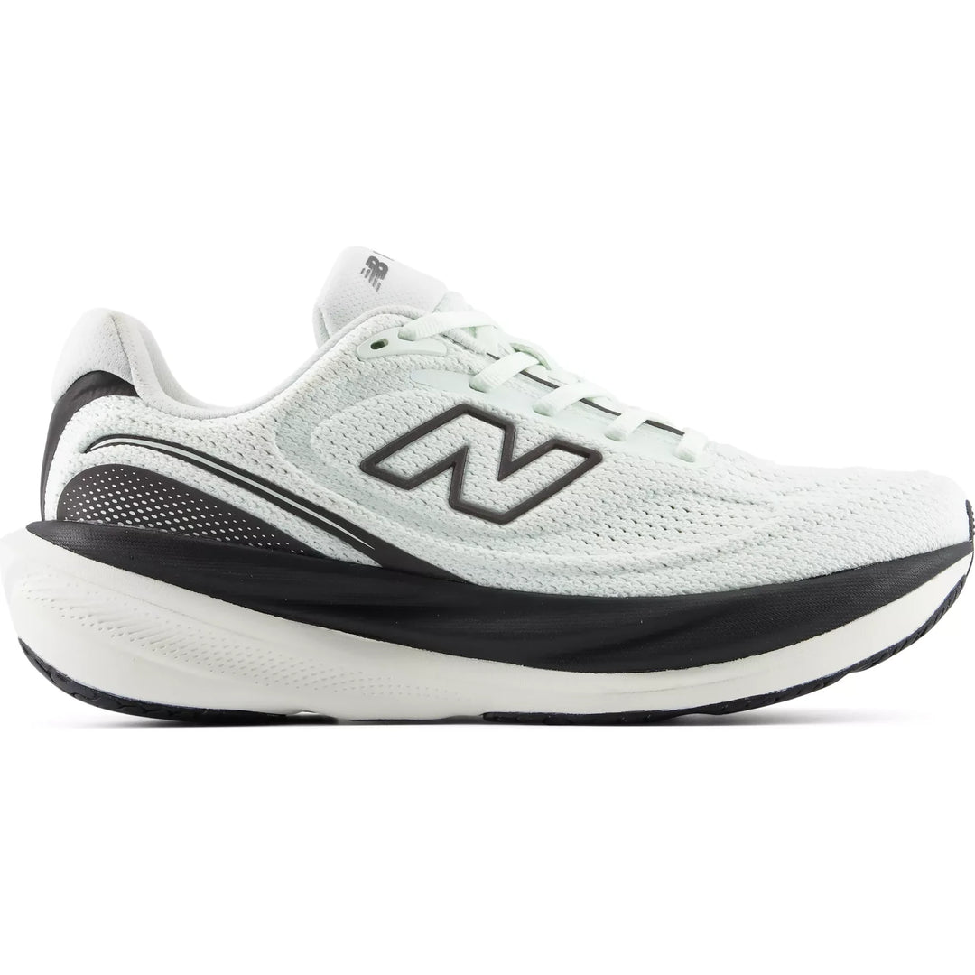 New Balance 1080v15 in pale mint white with black detailing, lateral view