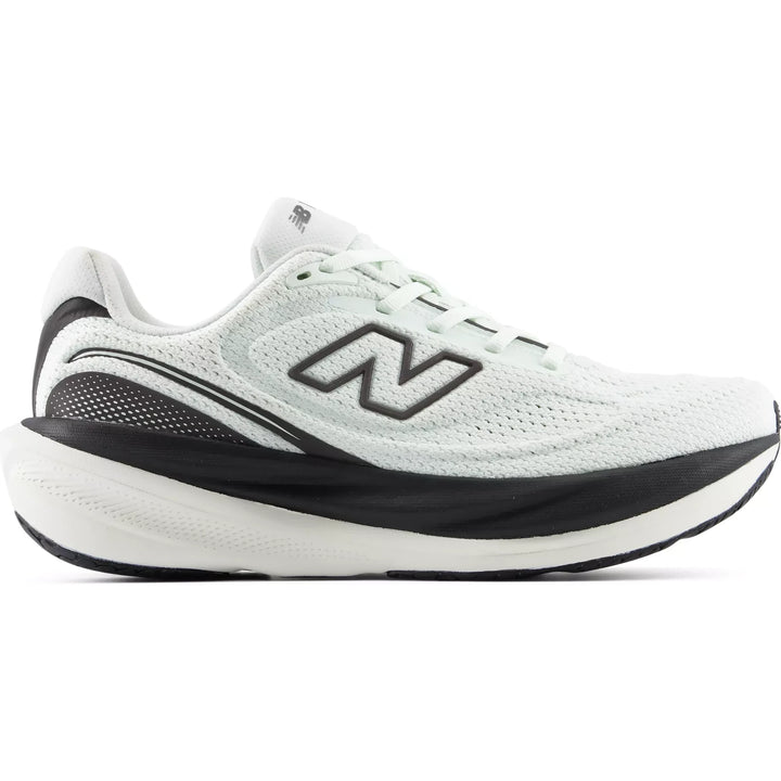 New Balance 1080v15 in pale mint white with black detailing, lateral view