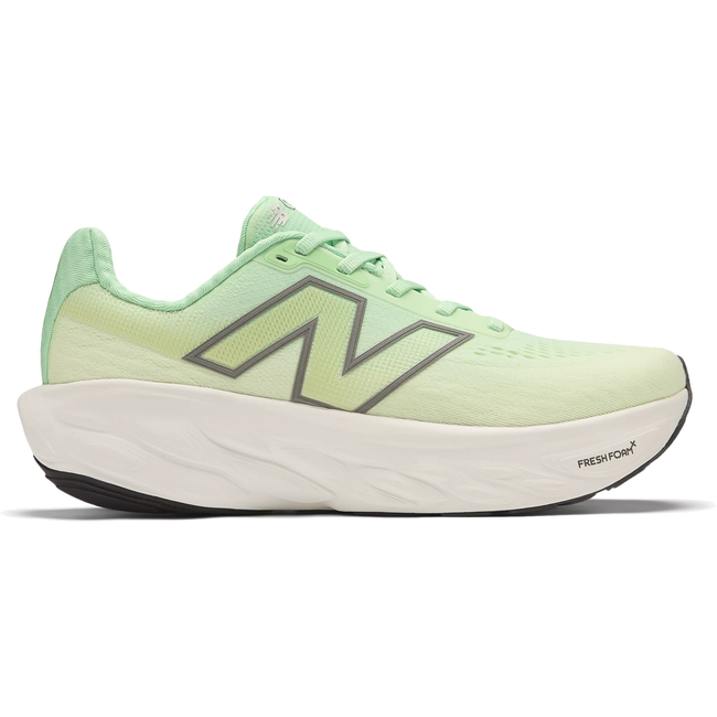 Lateral view of neon green New Balance 1080 V14 women's running shoe with white midsole