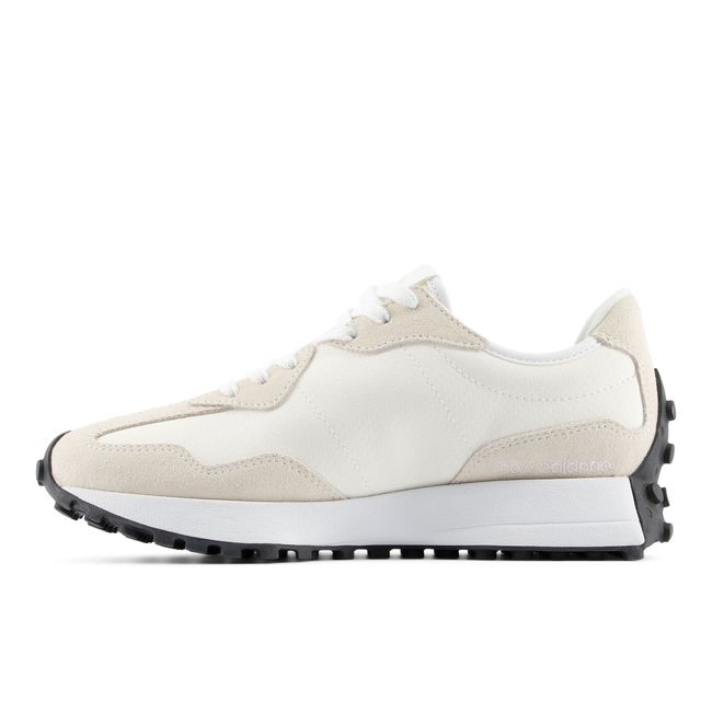 New Balance Women's 327 lifestyle shoe in sea salt and pink, medial view.