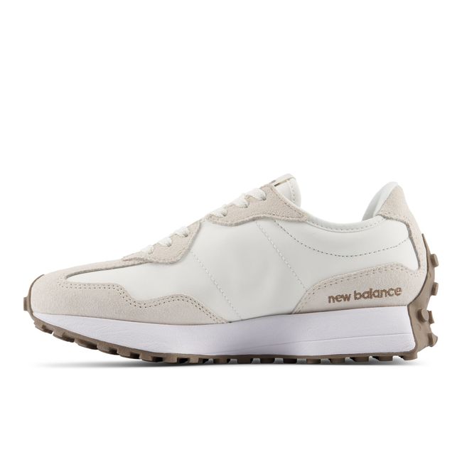 Medial profile of New Balance Women's 327 in tan and seafoam
