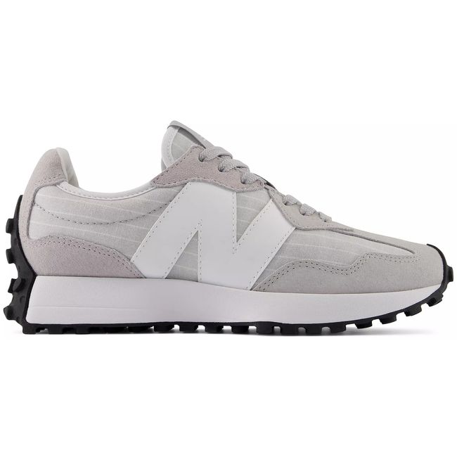 New Balance 327 in pale grey suede with white mesh and an oversized N