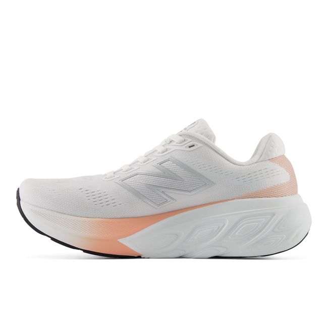 Medial profile of New Balance Women's Fresh Foam X 880 V15 in bright orange and white