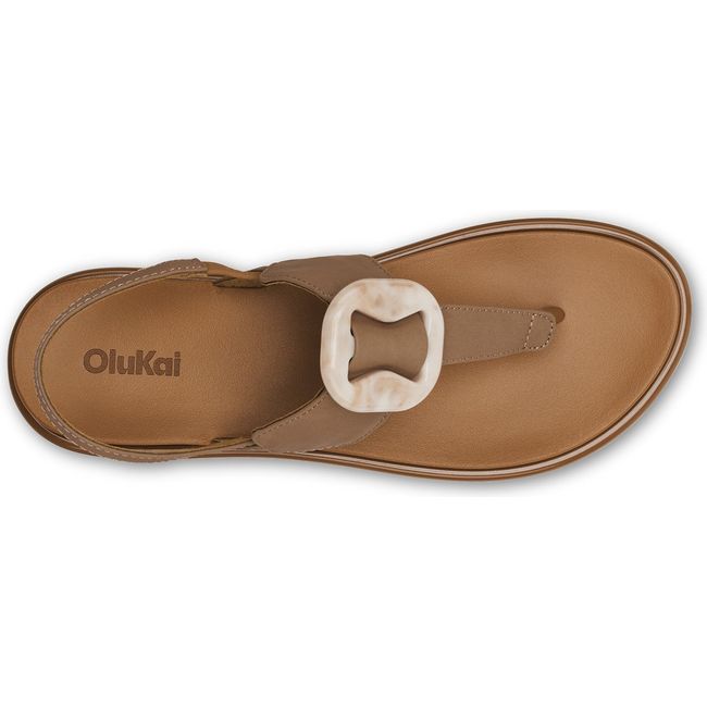 Top down view of Women's Olukai La'i T-Bar Sandal in Tan with backstrap