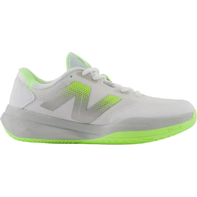 Lateral side of women's FuelCell 769v4 New Balance Tennis Shoe in gray with neon green accents