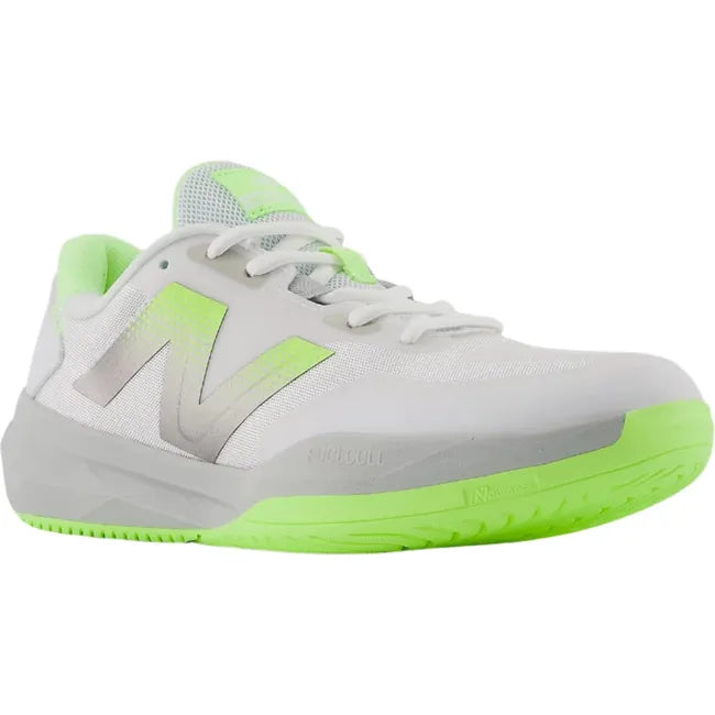 Front angled view of women's FuelCell 769v4 New Balance Tennis Shoe in gray with neon green accents