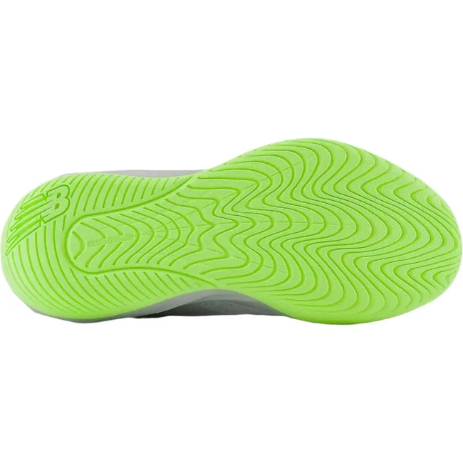 Sole view of Women's FuelCell 769v4 New Balance Tennis Shoe in gray upper with neon green sole tread