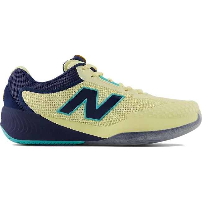 Lateral side of Women's New Balance FuelCell 996 V6 Tennis Shoe in Parchment yellow and NB Navy