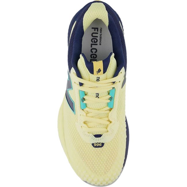 Top down view of Women's New Balance FuelCell 996 V6 Tennis Shoe in Parchment yellow and NB Navy