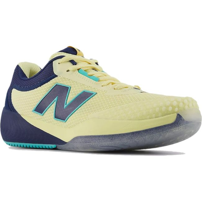 Front angled view of Women's New Balance FuelCell 996 V6 Tennis Shoe in Parchment yellow and NB Navy