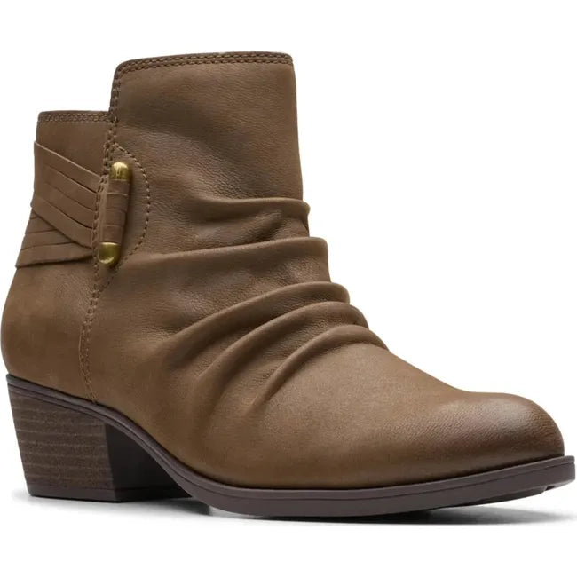 Front angled view of Women's Clarks Charleton Rosa Boot in Mushroom brown nubuck leather